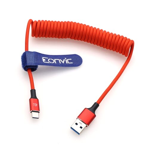 Eonvic USB A auf USB C 45W Schnellladekabel CarPlay Kabel Datenübertragung Geflochtenes Spiralkabel für iPhone 15/16 Pro Max Galaxy S24/S23/S22 Laptops Kamera (Rot, Spiralkabel, 40 cm) von EONVIC