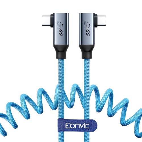 Eonvic USB Typ C 3.2 Gen 2 20Gb/s 100W 4K 60Hz Ladedaten Geflochtenes Spiralkabel für iPhone 15 Pro Max Plus Samsung Galaxy Tablets Laptops Blackmagic Sony FX3 Kamera (Blau, RA USB C-RA USB C) von EONVIC