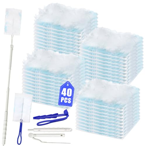 42 Stück Staubmagnet Nachfüllpack Set mit 1 Langstielige Teleskopstange und 1 Kurzstielige Stange, Staubwedel Duster Tücher, zur Reinigen von Tierhaare, Schmutz, Staub von EOPUOZS