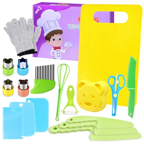 EOPUOZS Kindermesser Set, 18-teiliges Kinder Küchenset für Sicheres Kochen mit Schneidebrett und Kinderschutzhandschuhen, Montessori Spielzeug Messer für Kinder, Kindermesser ab 3 4 5 6 Jahre von EOPUOZS