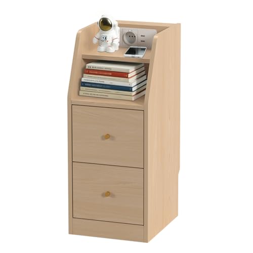 EORMM Nachttisch schmal 25x28.5x60cm mit Ladegerät & Schubladen | Beistelltisch Platzsparend mit 1 Steckdose + 2 USB-A| Schlankes Design für kleine Räume | Einfacher Aufbau | Weiß/Holzoptik von EORMM