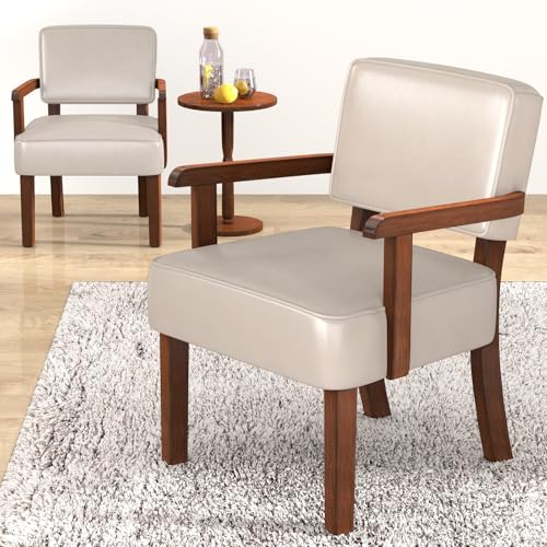 EOSVALO Sessel Set Retro Loungesessel aus Kunstleder, Wohnzimmerstühle mit weichem Sitz und Armlehnen, Sessel für Schlafzimmer, Esszimmer, Lesen und Wartezimmer (Beige, 2 Stuhl und 1 Tabelle) von EOSVALO