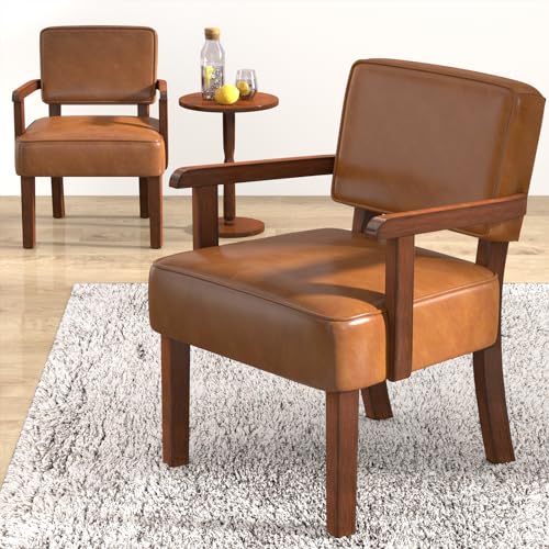 EOSVALO Sessel Set Retro Loungesessel aus Kunstleder, Wohnzimmerstühle mit weichem Sitz und Armlehnen, Sessel für Schlafzimmer, Esszimmer, Lesen und Wartezimmer (Braun, 2 Stuhl und 1 Tabelle) von EOSVALO