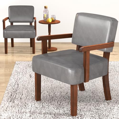 EOSVALO Sessel Set Retro Loungesessel aus Kunstleder, Wohnzimmerstühle mit weichem Sitz und Armlehnen, Sessel für Schlafzimmer, Esszimmer, Lesen und Wartezimmer (Grau, 2 Stuhl und 1 Tabelle) von EOSVALO