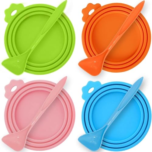 EOUIAV Packung mit 4 Dosendeckeln mit 4 Löffeln, Katzen- und Hundefutterdosen, Tierfutter-Silikon-Universaldeckel 3 in 1 für frische Lagerung und einfache Verwendung von EOUIAV