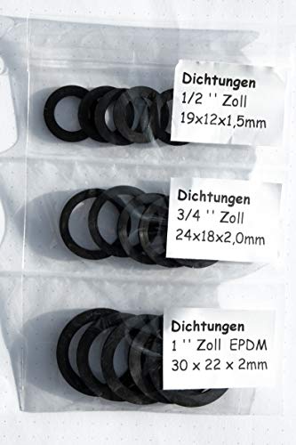 Set 15 Stück Flachdichtungen Gummidichtungen 1/2", 3/4", 1" EPDM für Sanitär, Garten, Bad, Küche, Handwerk (5 Stück je Größe) (1 Set, 19x12x1,5mm / 24x18x2mm / 30x22x2mm) von EPDM-Dichtungen