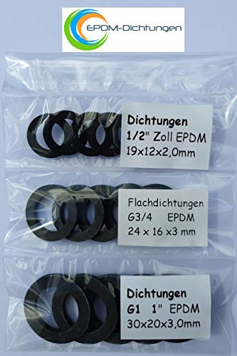 Set 15 Stück Flachdichtungen Gummidichtungen 1/2", 3/4", 1" EPDM für Sanitär, Garten, Bad, Küche, Handwerk (5 Stück je Größe) (5 Sets, 19x12x2mm / 24x16x3mm / 30x20x3mm) von EPDM-Dichtungen