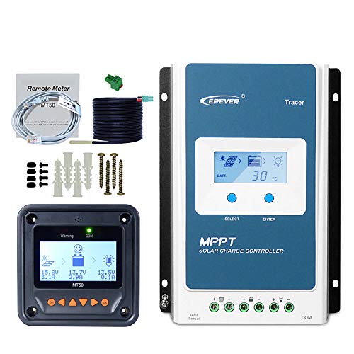 EPEVER MPPT Solar Laderegler 40A 12V/24V Auto max. PV 100V Solarregler mit Fernanzeige MT50 + RTS mit LCD-Negativ für versiegelte überflutete Lithium-Gel-AGM-Batterie (40A+MT50+RTS) von EPEVER