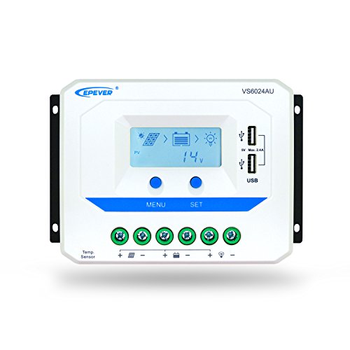 EPEVER PWM Solar-Laderegler 60 A, 12 V/24 V, automatischer Betrieb, Solarladeregler mit LCD-Display und Doppel-USB-Anschluss für Gelversiegelte überflutete Batterie (VS6024AU) von EPEVER