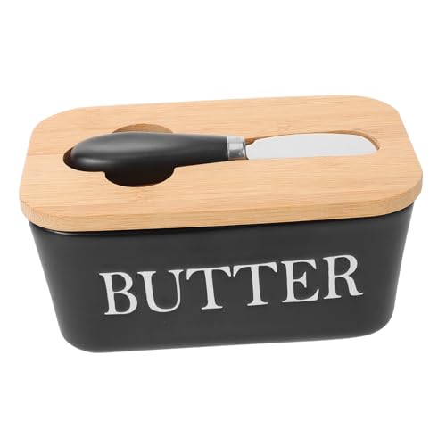EPIGEIST Keramik Butterdose mit Holzdeckel und Cutter Rechteckiger Butteraufbewahrer für Haushalt und Käse Stilvoller Aufbewahrungsbehälter für Butter und Snacks Leicht zu Reinigen von EPIGEIST