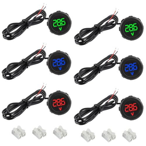 EPLZON 6 Stück Digital Voltmeter DC 4-100 V, 2 Drähte 3-stelliger LED Anzeige Waterproof Digital Display Voltmeter, für Auto/Motorrad/SUV/ATV/Marine (Rot & Blau & Grün) von EPLZON