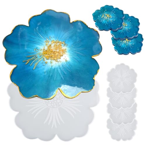 EPODA Silikonformen Untersetzer Set, Silikonformen Epoxidharz Tablett Groß, Epoxidharz Untersetzer Blumen, Silikonform Blumen Schale von EPODA