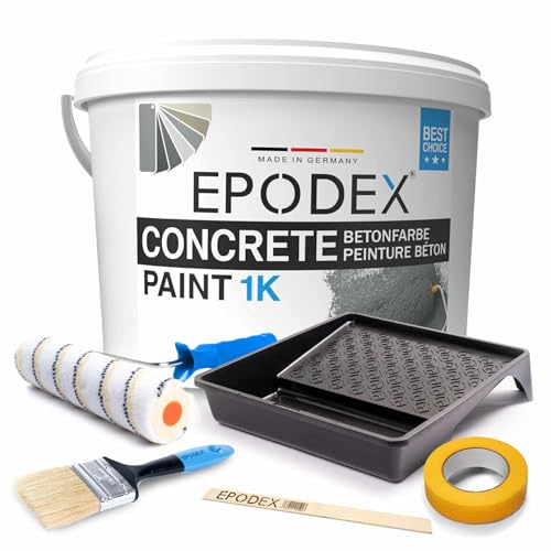 EPODEX® 1K CONCRETE PAINT | Betonfarbe Garagen| Steinfarbe | + Zubehörset | 45 Farben Grau Weiß Bunt | Wände & Böden aus Beton, Zement und Holz | Abriebfest | Mengenrabatt 1-26Kg von EPODEX