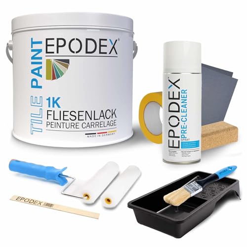 EPODEX® 1K TILE PAINT | Fliesenlack | Fliesenfarbe Wand und Decke | + Zubehörset | 45 Farben Weiß Bunt| Geruchsneutral Lösemittelfrei Abriebfest | Mengenrabatt 1,8-60Kg von EPODEX