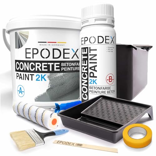 EPODEX® 2K CONCRETE PAINT | Betonfarbe Garage Keller| Steinfarbe | + Zubehörset | 45 Farben Grau Weiß Bunt | Wände & Böden aus Beton und Holz | Abriebfest | Mengenrabatt 1-26Kg von EPODEX