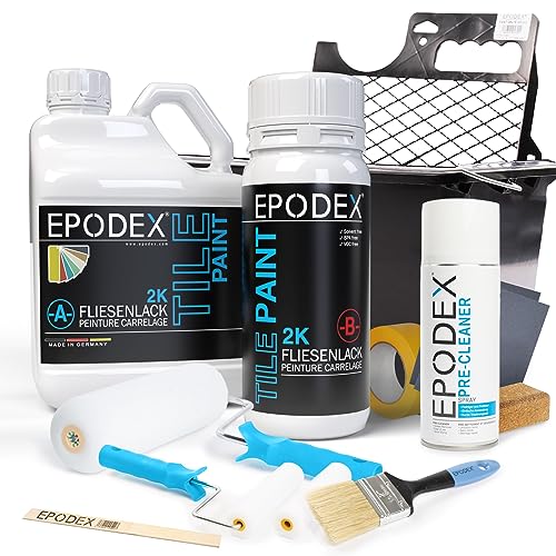 EPODEX® 2K TILE PAINT | Fliesenlack | Fliesenfarbe Boden Wand | + Zubehörset | 45 Farben Weiß Bunt| Geruchsneutral Lösemittelfrei Abriebfest | Mengenrabatt 1,8-60Kg von EPODEX