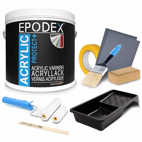 EPODEX® ACRYLIC PROTECT+ | Wetterschutzlack Holzfarbe Außen & Innen| Holzlack Möbelfarbe Acrylfarbe Sabberlack| + Zubehörset | 45 Farben Transparent Farblos Weiß Bunt 1,1-16,5Kg von EPODEX