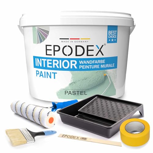 EPODEX® INTERIOR PAINT | Innenwandfarbe | Wandfarbe | + Zubehörset | 45 Pastellfarben Weiß Bunt Farbig | Spritzfrei Strapazierfähig Geruchsarm Hohe Deckkraft 3-53Kg von EPODEX