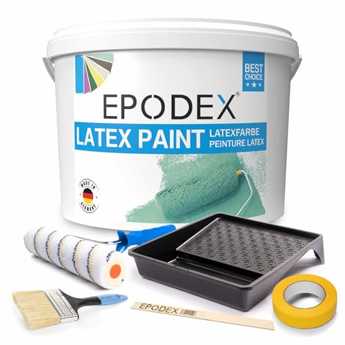 EPODEX® Latexfarbe Matt | | Abriebfest | Abwaschbar | Strapazierfähig | Geruchsarm | Hohe Deckkraft | + Zubehörset | 45 Farben Polar Weiß Bunt Farbig 1-50Kg von EPODEX