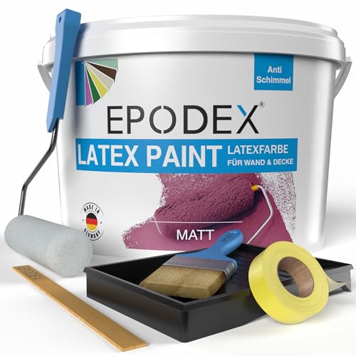 EPODEX® Latexfarbe Matt | | Abriebfest | Abwaschbar | Strapazierfähig | Geruchsarm | Hohe Deckkraft | + Zubehörset | 45 Farben Polar Weiß Bunt Farbig 1-50Kg von EPODEX