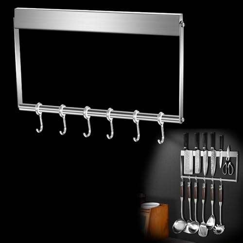 EPROICKS Magnetleiste Messer Selbstklebend 40cm mit Extra Starkem Magnet, Messerhalter Magnetisch aus Edelstahl mit 6 Haken, Wandmontage, Magnetischer Messerblock für Organisierte Küche von EPROICKS