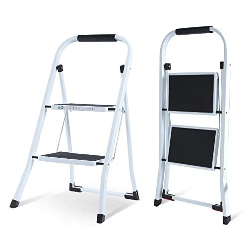 EPROSMIN SVSL04V1 Leiter mit 2 Stufen, tragbar mit Anti-Rutsch-Matte und bequemem, weichem Handgriff, robuster Stahl, einfach zu verstauende Leitern, 150 kg maximale Kapazität (2 weiß) von EPROSMIN