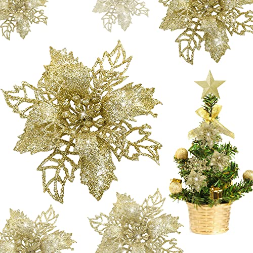 Glitter Weihnachtsbaum Dekoration, 12 Stück Weihnachtsblumen, Weihnachtsbaumschmuck Gold, Christmas Decorations, Weihnachten Blumen Künstlich Gold Ornament Christbaumanhänger, Weihnachten Deko (10cm) von THEXIU