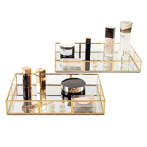 Set mit 2 goldfarbenen Tabletts für Schminktisch, Badezimmertablett mit Metallrahmen, dekoratives Tablett, Parfümtablett für Kommode, Badezimmer-Schmuck oder Heimdekoration (L+S) von EQEY