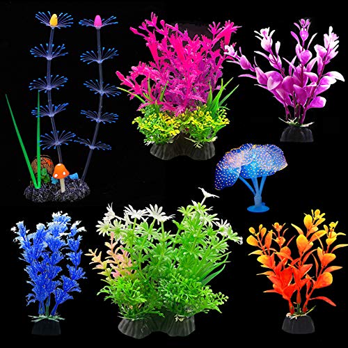 EQLEF Aquarium Pflanzen Künstlich, leuchtende Korallen- und Wasserpflanzen Aquarium Pflanzen Dekorationen Aquarium Ornamente Packung mit 7 Stück von EQLEF