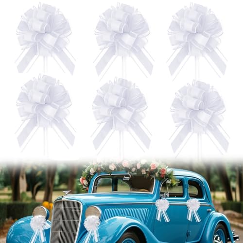 EQLEF Autoschleifen Hochzeit mit Durchmesser 20cm, Große Auto Pull Bow Weiße Bügen für Geschenkverpackung für Blumen Kuchendekoration und Weihnachts Valentinsgeschenk (Packung von 6 Stück) von EQLEF