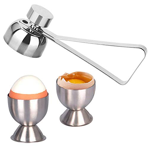 EQLEF Eierbecher Set, Edelstahl-Eierbecherhalter und doppelseitiger Eierdeckel-Öffner-Cracker Große Ostereier-Tasse für weich gekochtes Ei (2 Stück +1 Eieröffner) von EQLEF