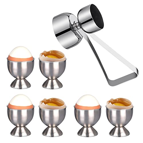 EQLEF Eierbecher Set, Edelstahl-Eierbecherhalter und doppelseitiger Eierdeckel-Öffner-Cracker Große Ostereier-Tasse für weich gekochtes Ei (6 Stück +1 Eieröffner) von EQLEF