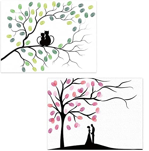 EQELF Baum Fingerabdruck Leinwand Poster Signatur Dekoration DIY Fingerabdruck Malerei mit bunten Tintenstempeln, 2 Sets von EQLEF