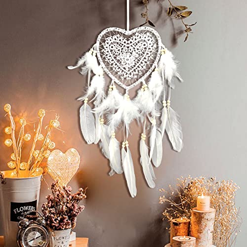 EQLEF Herz Traumfänger Boho, Wandbehang Feder Traumfänger Handgemachte Fee Traumfänger Ornament für Schlafzimmer Hochzeitsdekoration (Weiß) von EQLEF