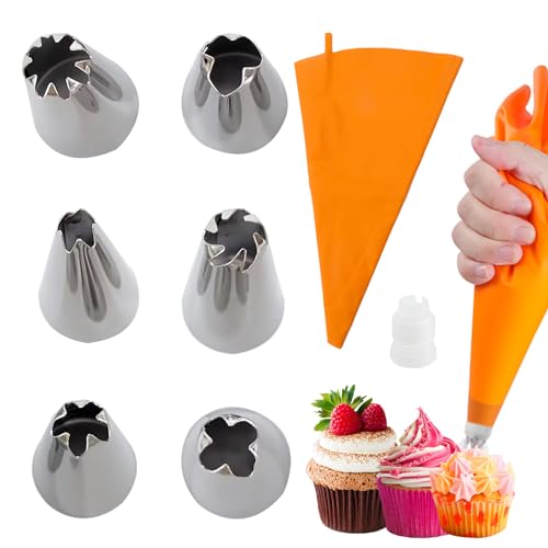 Spritztüllen Spritzbeutel Icing Piping Creme-Gebäck-Beutel und 6 x Edelstahldüse Set DIY Kuchen DIY Werkzeug verziert (Orange) von EQLEF