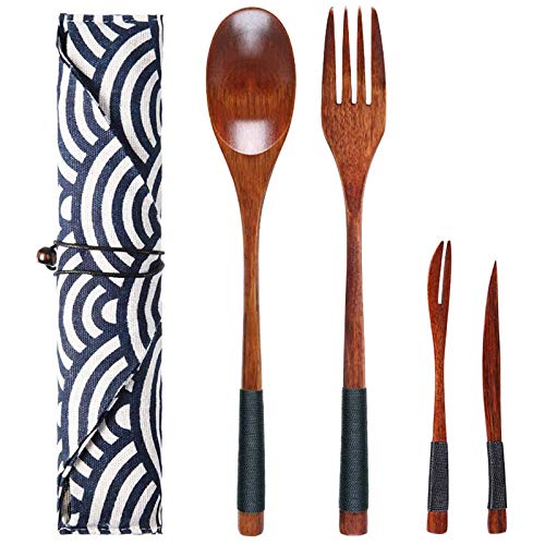 EQLEF Holz Wiederverwendbare Besteck Set umweltfreundliche Besteck im japanischen Stil Geschirr Kit für Reisen Camping Bento Mahlzeit Gabel Löffel kleine Frucht Kuchen Messer Gabel Set - 4 Stück von EQLEF