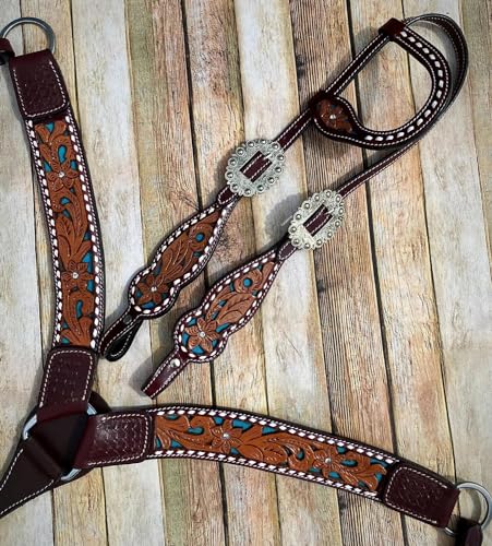 EQUIGEAR Western-Leder-Set mit handgefertigtem Kopfstück und Vorderzeug mit Zügeln. /Size-Full,Cob,Pony AV-09 (Pony) von EQUIGEAR