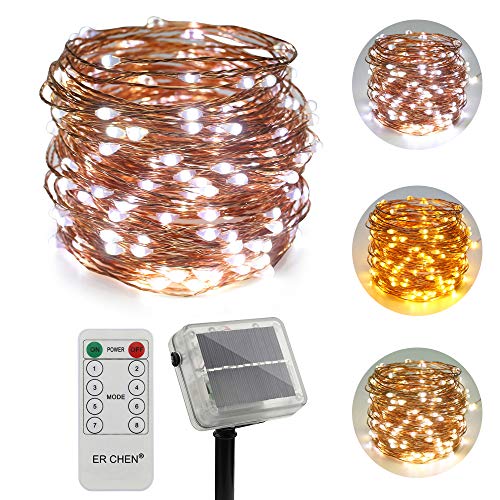 ErChen Zweifarbige Solarbetriebene LED Lichterkette, 66 FT 200 Leds Fernbedienung Farbe ändern 8 Modi Solar Kupfer Draht-Lichterketten für Außen Balkon Garten Terrasse (warmweiß, Weiß) von ER CHEN