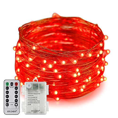 Erchen Batteriebetrieben LED Lichterkette, 33 FT 100 LED 10M dimmbare Kupfer Draht Lichterketten mit Fernbedienung 8 Modi Timer für Innen Außen Weihnachten Party (Rot) von ER CHEN