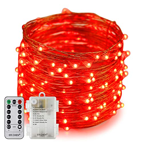Erchen Batteriebetrieben LED Lichterkette, 66 FT 200 LED 20M dimmbare Kupfer Draht Lichterketten mit Fernbedienung 8 Modi Timer für Innen Außen Weihnachten Party (Rot) von ER CHEN
