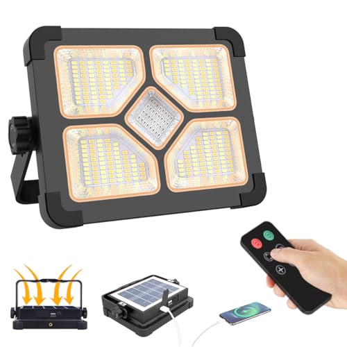 ERAY 150W LED Baustrahler Akku Solar Wiederaufladbar Mit Fernbedienung, Tragbare LED Strahler Akku 15000mAh, LED Arbeitsleuchte 2 Lademethoden/5 Modi/Power Bank/296 LED-Perlen für Camping Notfall von ERAY