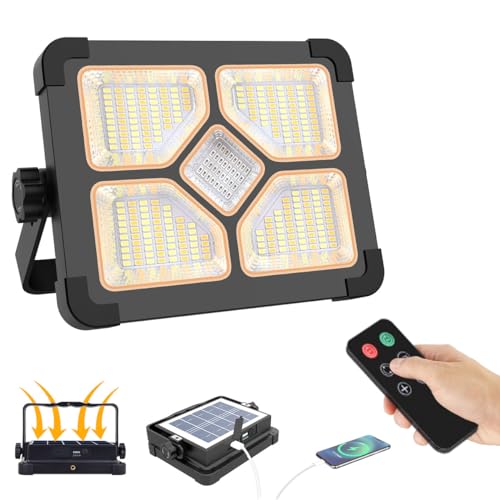 ERAY 150W LED Baustrahler Akku Solar Tragbare Mit Fernbedienung, 15000mAh LED Strahler Akku, LED Arbeitsleuchte 296 Perlen/5 Modi/USB-Wiederaufladbar, Campinglampe Tragbar für Camping Notfälle Keller von ERAY