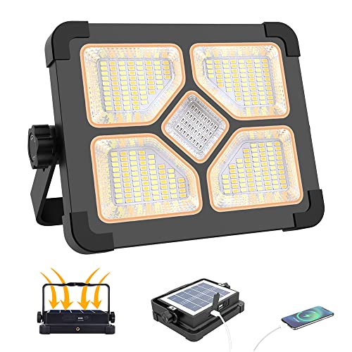 ERAY 150W LED Baustrahler Akku Solar Wiederaufladbar, Tragbare LED Strahler Akku 15000mAh, LED Arbeitsleuchte 2 Lademethoden/5 Modi/Power Bank/296 LED-Perlen, Akku Arbeitsstrahler für Camping Notfall von ERAY