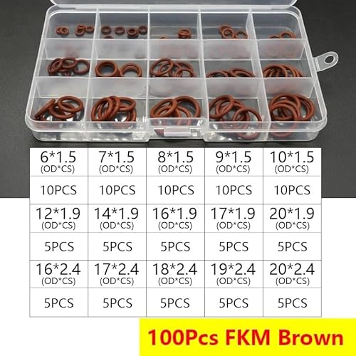 Boxed VMQ NBR FKM O-Ring-Set Gummi-Unterlegscheiben-Dichtungen Sortiment Rot/Schwarz/Grün O-Ring-Dichtungen Set Hohe Qualität for Autodichtung(100Pcs FKM Brown) von ERBER