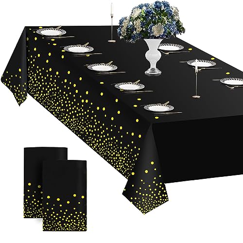 ERBO 2 Stück Tischdecke Schwarz Gold, 137*274cm Party Tischdecke, Dot Confetti Geburtstag Tischdecken Kunststoff,Wasserdichte Ölbeständig Tischdecken für Picknick Kindergeburtstag Jahrestag Hochzeit von ERBO