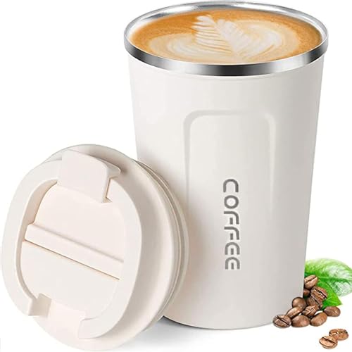 ERBO Kaffeebecher to go, Thermobecher Edelsthal, Auslaufsicher Kaffeetasse Kaffeebecher mit Deckel, Kaffeetasse Thermobecher für Unterwegs Umweltfreundlich, Weiß 380ml von ERBO