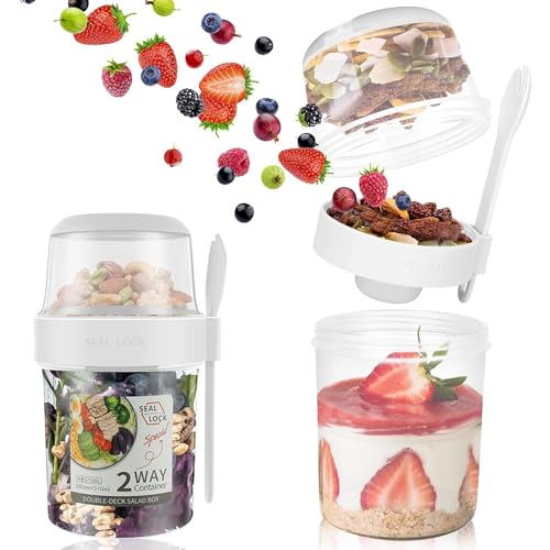 ERBO Müslibecher to go, Joghurtbecher to go Salatbecher mit Löffel und Dressing Behälter, Auslaufsicherer Müsli to go Becher, Porridge to go, BPA Frei, Müslibecher für Unterwegs (560ml+310ml) von ERBO