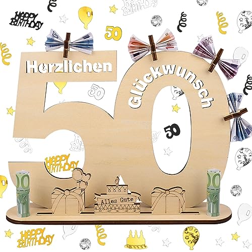 ERBO Holzschild Gästebuch, 50 Geburtstag Deko Konfetti Frau Mann, Gästebuch mit Ständer und 5 Holzpentagramme, Geldgeschenke Geburtstag, Geburtstagskarte, Geschenke Schild 50 Jahre Hochzeitstag von ERBO