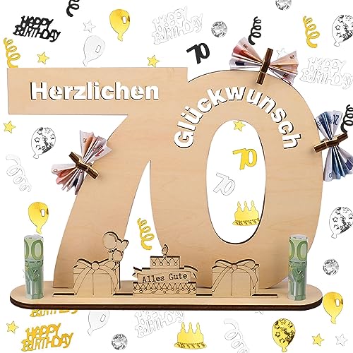 ERBO Holzschild Gästebuch, 70 Geburtstag Deko Konfetti Frau Mann, Gästebuch mit Ständer und 5 Holzpentagramme, Geldgeschenke Geburtstag, Geburtstagskarte, Geschenke Schild 70 Jahre Hochzeitstag von ERBO