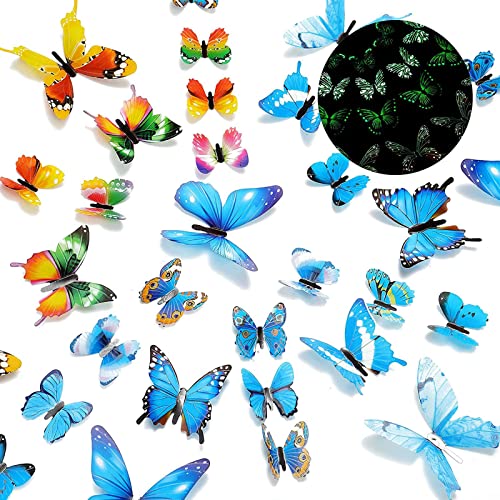 ERBO Schmetterlinge Deko, 48 Stück 3D Schmetterlinge Leuchtend, Schmetterling Wandsticker, Schmetterlinge Dekoration, PVC Schmetterling für Kinderzimmer Schlafzimmer Heimdeko (Blau, Bunte) von ERBO